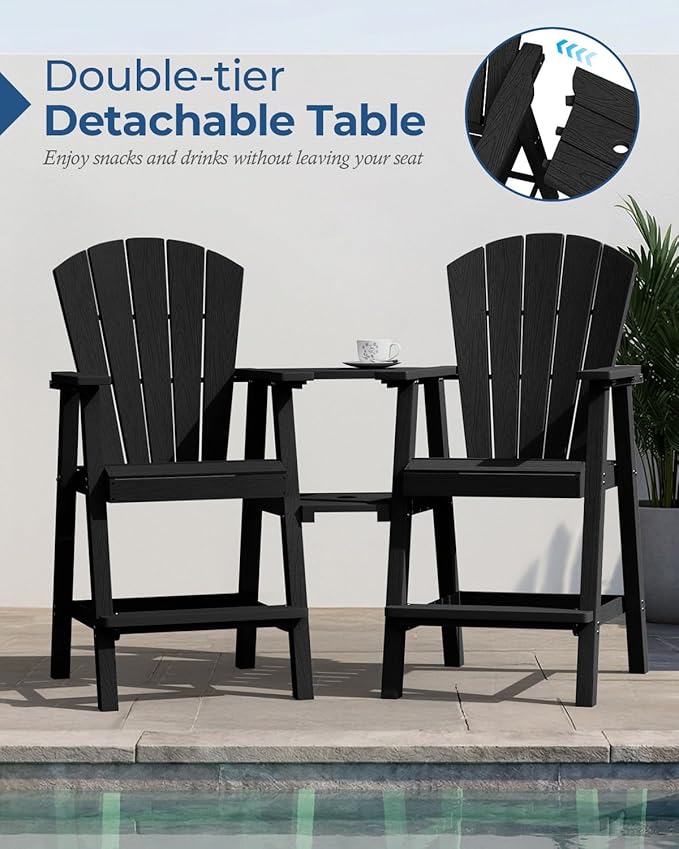 Ciokea Tall Adirondack Chairs Set of 2, HDPE Outdoor Adirondack Bar Stools with Double Connecting Tray - Photo 4