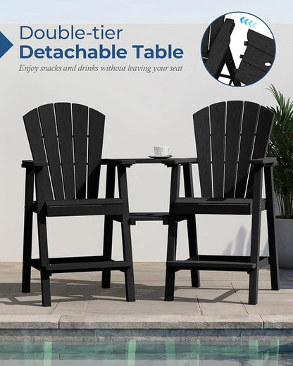 Ciokea Tall Adirondack Chairs Set of 2, HDPE Outdoor Adirondack Bar Stools with Double Connecting Tray, Weather Resistant High Back Adirondack Balcony Chairs for Deck, Lawn, Pool, Backyard, Black