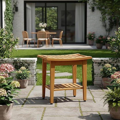 Kasa Solid Teak Indoor Outdoor Shower/Bath/Spa Stool Bench with Bottom Shelf, Fully Assembled, DB-916