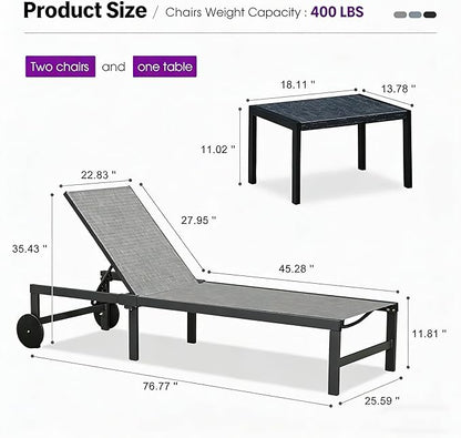 PURPLE LEAF Outdoor Chaise Lounge Chairs Set Recliner Adjustable Chair with Wheels and Table for Poolside Beach Patio Aluminum Reclining Sunbathing Lounger, Mixed Grey