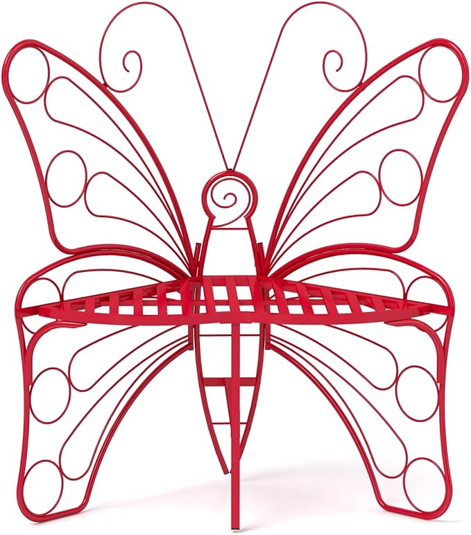 Butterfly Shaped Outdoor Bench, Garden Bench with Sturdy Stable Metal Frame, Outdoor Metal Chair Butterfly Bench for Garden, Yard, Balcony, Lawn. (Red/Small)