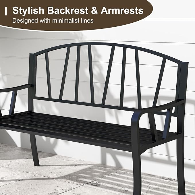 Tangkula 51” Metal Outdoor Garden Bench, Patio Slatted Park Bench for 2-3 People, Park-Style Loveseat with Curved Armrests, Heavy-Duty Outdoor Seating for Backyard, Lawn, Porch