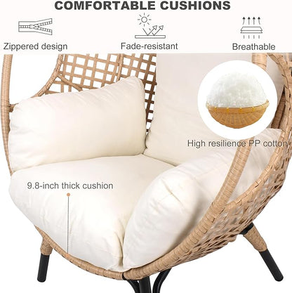 Oversized Wicker Egg Chair, Outdoor Indoor Rattan Patio Egg Lounge Chairs with Cushion 500lbs Capacity for Living Room, Balcony, Backyard (2 PCS, Beige-Grid)
