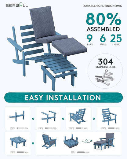 SERWALL Adirondack Chair Set of 2 with Cushion and Ottoman -All Weather HDPE Outdoor Adirondack Chair Set, Durable Adirondack Patio Chairs for Garden, Deck, or Poolside- Blue