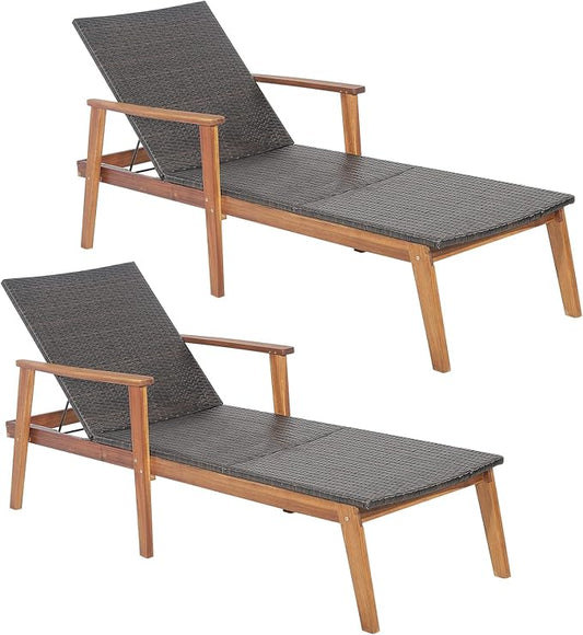 Tangkula Patio Lounge Chair, 4-Position Adjustable Recliner with Fully Flat Position, Outdoor PE Wicker Chaise Lounge with Acacia Wood Frame for Backyard, 800 LBS Max Load (Mix Brown, 2 Pack)