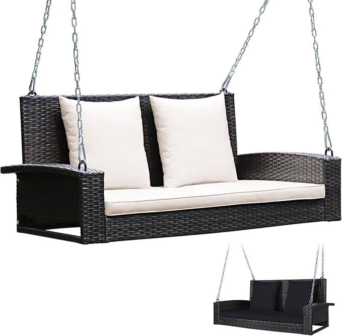 Tangkula 2-Person Wicker Porch Swing, Patiojoy Outdoor Rattan Hanging Swing Bench W/ 2 Back Cushions & 1 Seat Cushion, Sturdy Steel Chain, 800lbs Weight Capacity