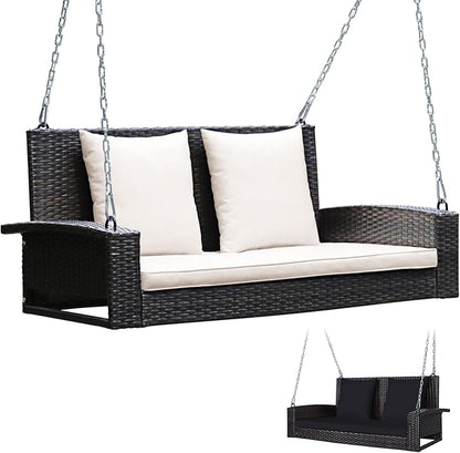 Tangkula 2-Person Wicker Porch Swing, Patiojoy Outdoor Rattan Hanging Swing Bench W/ 2 Back Cushions & 1 Seat Cushion, Sturdy Steel Chain, 800lbs Weight Capacity