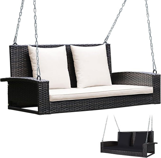 Tangkula 2-Person Wicker Porch Swing, Patiojoy Outdoor Rattan Hanging Swing Bench W/ 2 Back Cushions & 1 Seat Cushion, Sturdy Steel Chain, 800lbs Weight Capacity