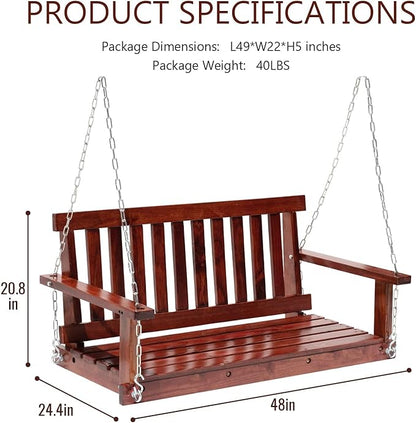 PayLessHere 4FT Wooden Porch Swing Heavy Duty Outdoor Swing Bench for Adults, 800lb Weight Capacity with Hanging Chains & Fixing Screws for Patio, Garden, Backyard, Balcony Furniture(Brown)