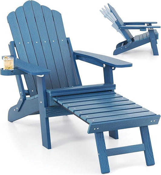 Giantex Folding Adirondack Chair, All-Weather Lounge Chair with Adjustable Backrest, Retractable Ottoman, Cup Holder, HIPS Fire Pit Chair for Lawn, Pool, Patio, Porch (1, Navy)