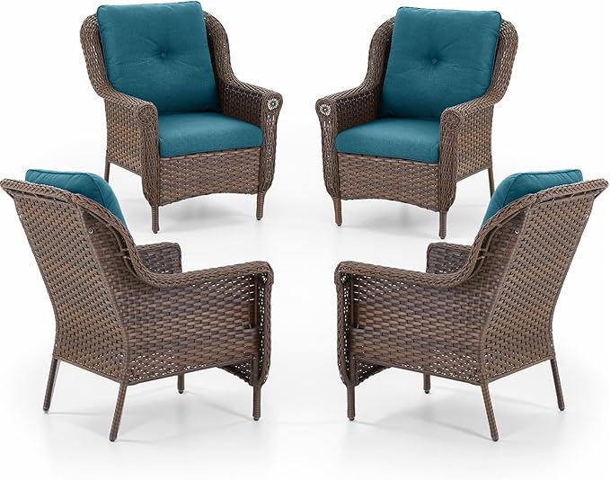 Patio Wicker Chairs Outdoor Furniture Chair - Set of 4 Outside All Weather Lawn Dining Brown Rattan Armchair with High - Photo 1