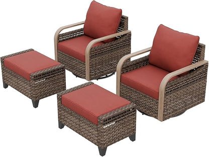 EAGLE PEAK Modern Wicker Outdoor Glider Rocking Chair, Swivel Rocker, Rattan Patio Furniture for Yard Deck Porch Garden, 2 Chairs 2 Ottomans, 4 Piece, Brown/Red