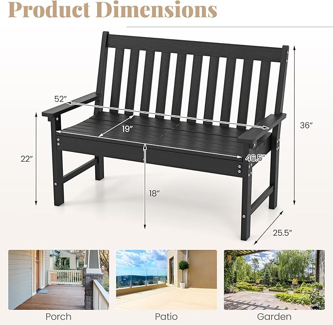 RELAX4LIFE 2-Person Patio Outdoor Bench - 52’’ All-Weather HDPE Garden Bench with Armrests & Slatted Backrest, Patio Bench for Front Porch Park Poolside Backyard, 705 LBS Weight Capacity (Black)