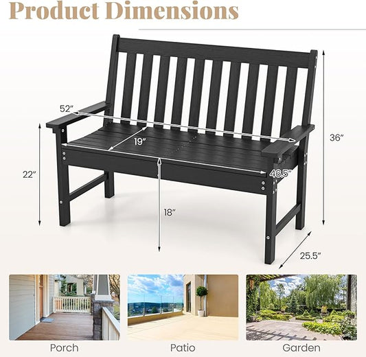 RELAX4LIFE 2-Person Patio Outdoor Bench - 52’’ All-Weather HDPE Garden Bench with Armrests & Slatted Backrest, Patio Bench for Front Porch Park Poolside Backyard, 705 LBS Weight Capacity (Black)