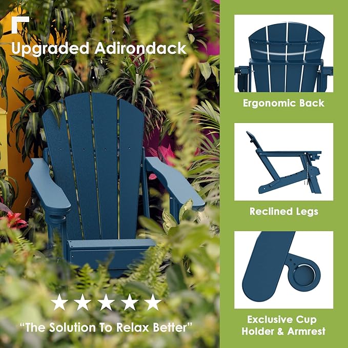 GREENVINES Adirondack-Chairs-with-Ottoman | Set of 6 | Folding | Retractable-Footrest | HDPE Plastic | All Weather Fire Pit Chair | Cup Holders | Blue | for Outdoor Poolside