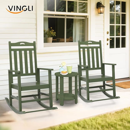 VINGLI Outdoor Rocking Chair with Footrest, Wooden Rocking Chair with 450 LBS Weight Capacity, Patio Rocker with Comfortable Backrest for Garden, Yard (Dark Green, 1PC)