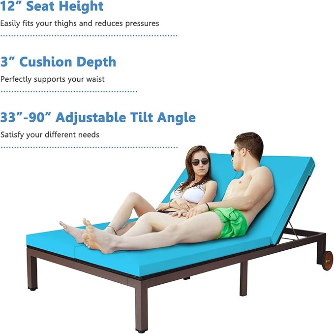 DORTALA 2-Person Patio Rattan Recliner Chair W/Wheels, Double Wicker Daybed Chaise Lounge Chair with Adjustable Backrest, Outdoor Furniture Conversation Set for Garden Lawn, Turquoise