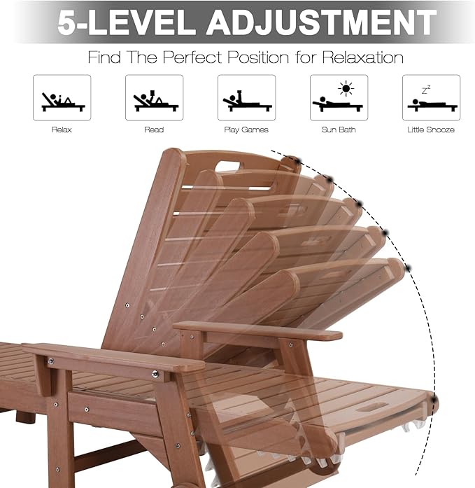 VINGLI HDPE Outdoor Chaise Lounge Chair with Wheels, Patio Lounge Chairs with 5-Position Adjustable Backrest - Photo 7