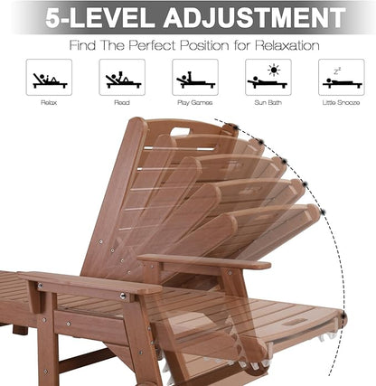 VINGLI HDPE Outdoor Chaise Lounge Chair with Wheels, Patio Lounge Chairs with 5-Position Adjustable Backrest, Chaise Lounge for Outside Pool Poolside Deck Backyard Lawn (Teak)