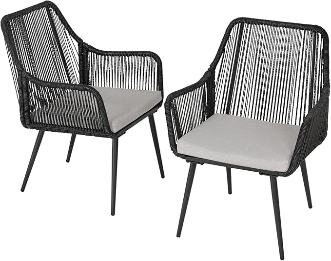 Patio Dining Chairs Outdoor Dining Chairs Set of 2, Woven Twisted Wicker Rattan Chair with Armrest and Cushion, Modern Indoor Outdoor Seating for Garden, Lawn, Backyard, Black