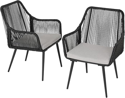 Patio Dining Chairs Outdoor Dining Chairs Set of 2, Woven Twisted Wicker Rattan Chair with Armrest and Cushion, Modern Indoor Outdoor Seating for Garden, Lawn, Backyard, Black