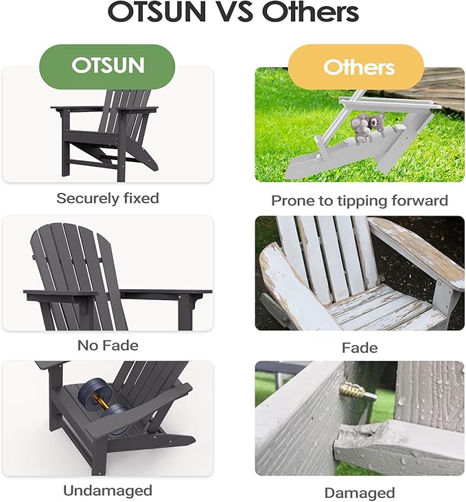 OTSUN Adirondack Chair, HDPE All-Weather Patio Chair, Plastic Lawn Chair 380 lbs Capacity, Outdoor Chairs for Fire Pit, Yard, Porch, Garden, Deck, Swimming Pool, Grey