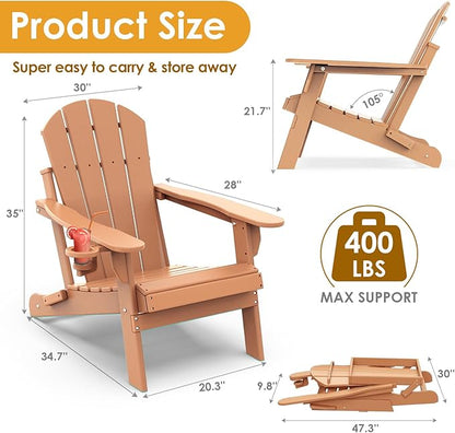 IVY&LANE Folding-Adirondack-Chairs-Set-of-2 | HDPE Plastic | Outdoor Fire Pit Chair with Cup Holder | Teak | Poly | Weather Resistant | for Patio Deck Poolside Garden Beach