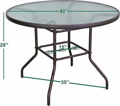 Garden Elements Outdoor Patio Furniture, Round Dining Table, Steel Base and Rim with Water-Wave Glass Top, Brown, 40"