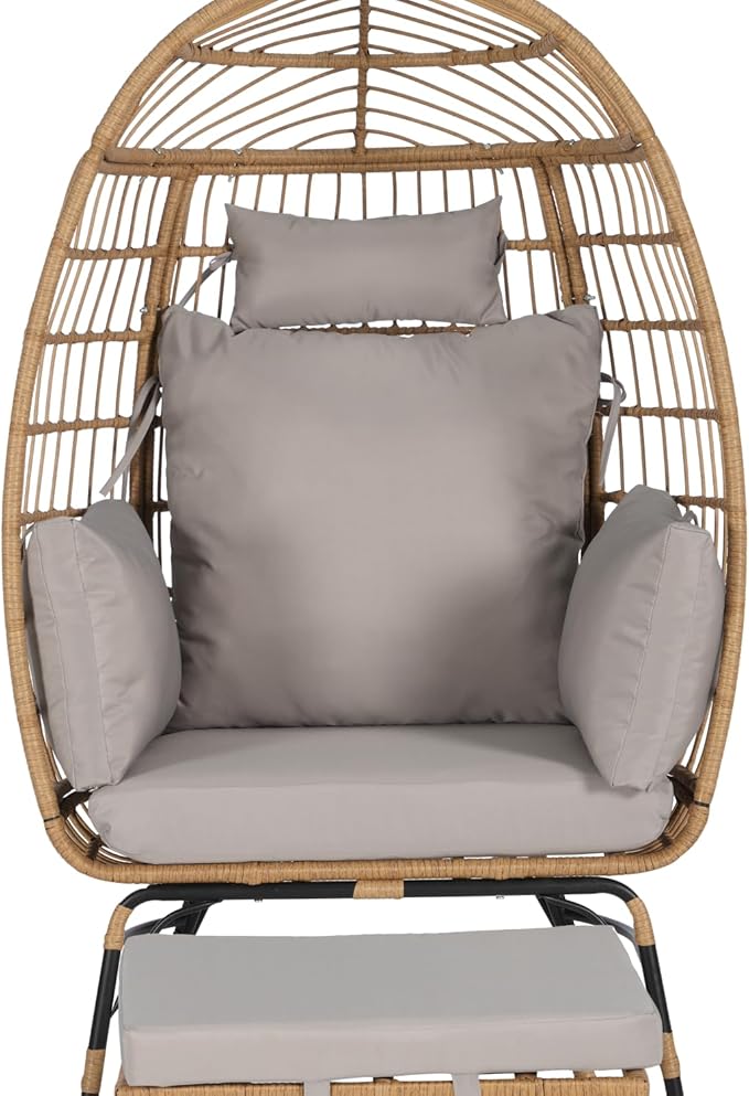 Oversized Wicker Egg Chair with Ottoman, Rattan Patio Egg Chair with Stand and Thick Cushions, Indoor Outdoor Lounge Chair for Backyard, Balcony, Living Room, Light Gray ＋Ottoman