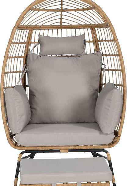 Oversized Wicker Egg Chair with Ottoman, Rattan Patio Egg Chair with Stand and Thick Cushions, Indoor Outdoor Lounge Chair for Backyard, Balcony, Living Room, Light Gray ＋Ottoman