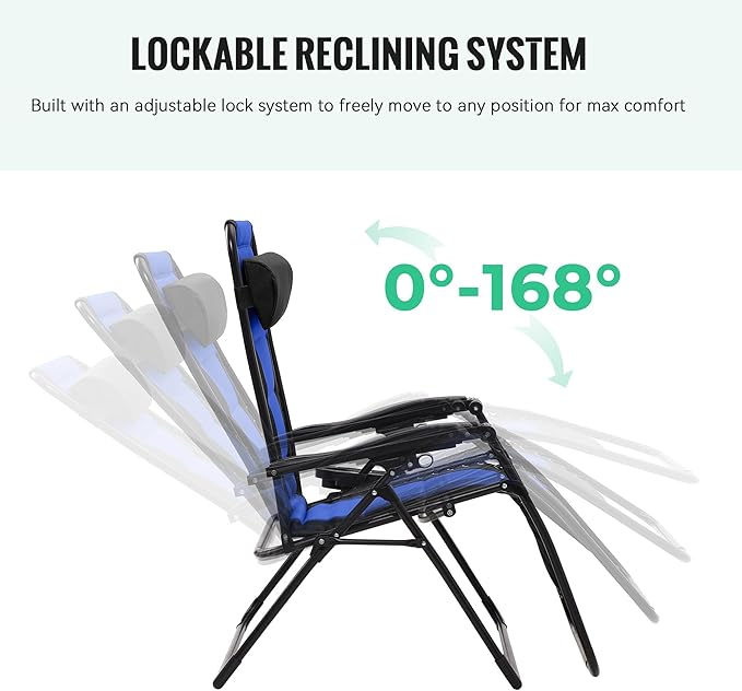 JEAREY Oversized Padded Zero Gravity Chairs, Folding Lounge Chair Outdoor Patio Recliner, Anti Gravity Chair for Backyard with Headrest, Cup Holder, Side Tray, Polyester Mesh - Black/Blue