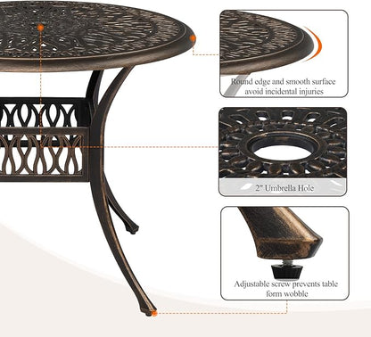 VINGLI 35.4' Dia Patio Dining Table with Umbrella Hole, Cast Aluminum Bistro Table for Outdoor Garden Use (35.4' Dia x 29.5' H)