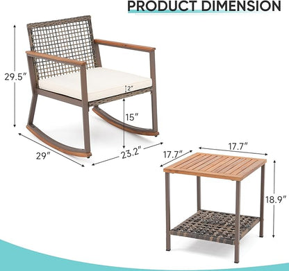 Verano Garden 3 Pieces Rocking Bistro Set, Outdoor Conversation Bistro Chairs and Table Set with Wood Armrest and Soft Cushions, Small Porch Set Balcony Set for Garden, Patio, Yard