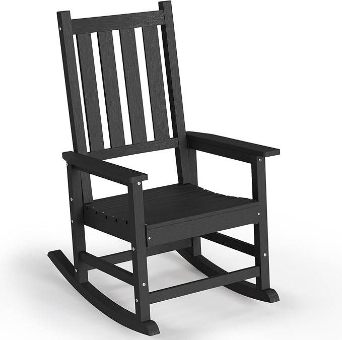 HDPE Outdoor Rocking Chair, Oversized Rocking Chairs with Widened Seats & High Backs, Weather & Fade Resistant Porch Rockers for Patio, Deck & Porch - Black