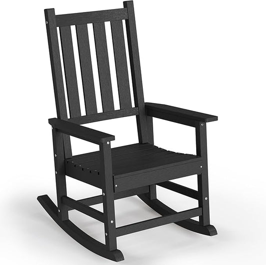 HDPE Outdoor Rocking Chair, Oversized Rocking Chairs with Widened Seats & High Backs, Weather & Fade Resistant Porch Rockers for Patio, Deck & Porch - Black