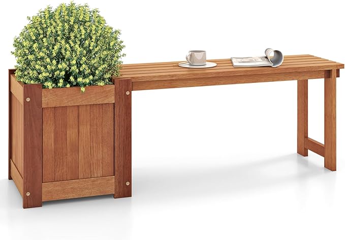 2-in-1 Outdoor Planter Box with Bench, Outdoor Bench with Raised Garden Bed, Open-Ended Base Planter Box, Teak Oil Finish Wood Seat, Garden Bench Seat for Porch Balcony Lawn Yard (1)