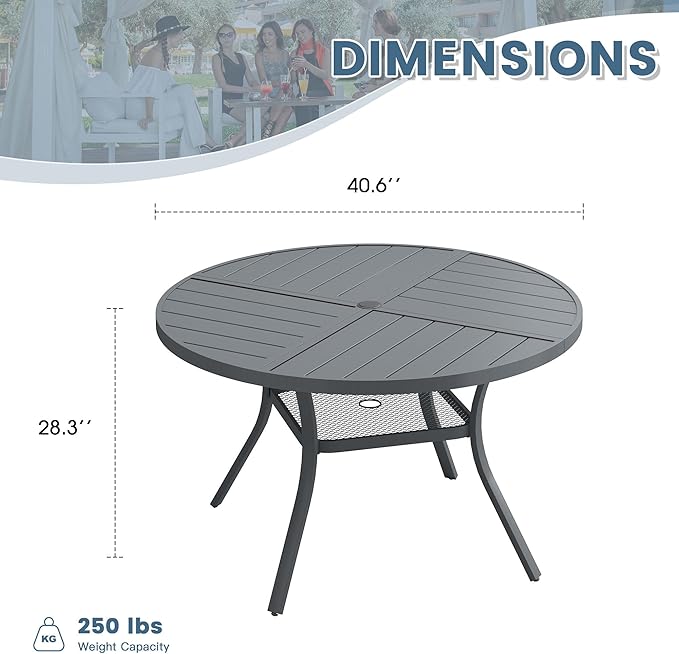 DIFY 40.6" Round Outdoor Patio Dining Table for 4, All-Weather Metal Steel Slatted Patio Table with 1.57" Adjustable Umbrella Hole, for Lawn Garden Porch Backyard, Grey