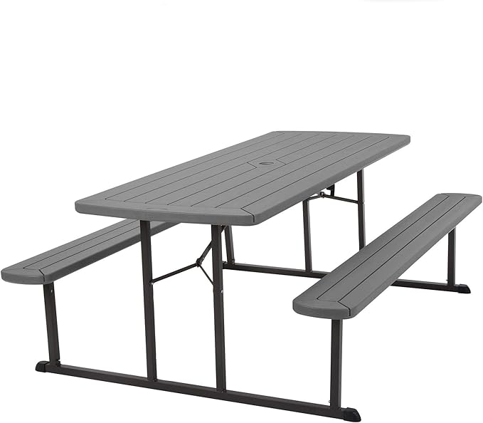 COSCO Outdoor Living 6 ft. Folding Picnic Table, Dark Gray Wood Grain Resin with Gray Steel Legs - Photo 1