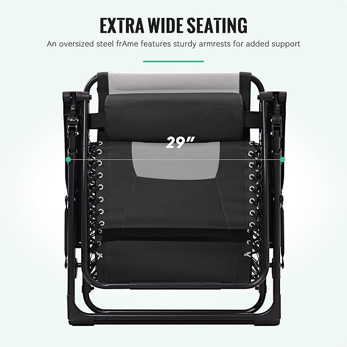 JEAREY Oversized Padded Zero Gravity Chairs Set of 2, Folding Lounge Chair Outdoor Patio Recliner, Anti Gravity Chair for Backyard with Headrest, Cup Holder, Side Tray, Polyester Mesh - Black/Gray