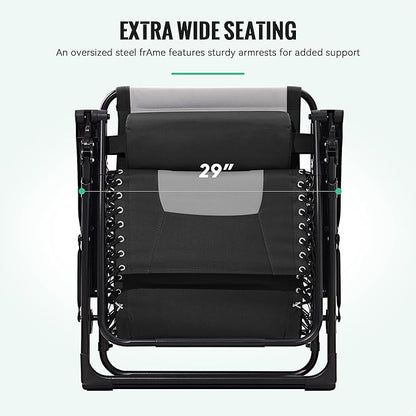 JEAREY Oversized Padded Zero Gravity Chairs Set of 2, Folding Lounge Chair Outdoor Patio Recliner, Anti Gravity Chair for Backyard with Headrest, Cup Holder, Side Tray, Polyester Mesh - Black/Gray