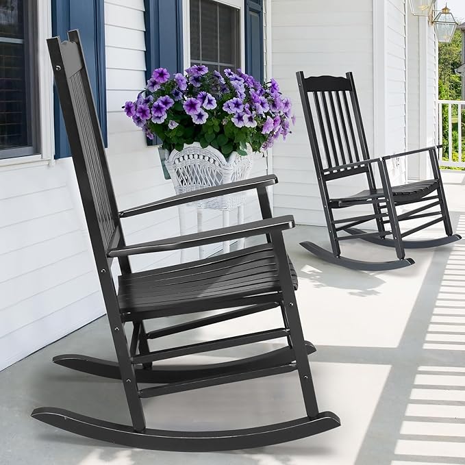 Outdoor Porch Rocker Chairs,Weather Resistant Wood Rocking Chair for Adults,Modern Rocking Accent Chairs,Indoor Outside Furniture Rocker,with Armrest,for Garden Lawn Backyard Poolside Deck (Black)