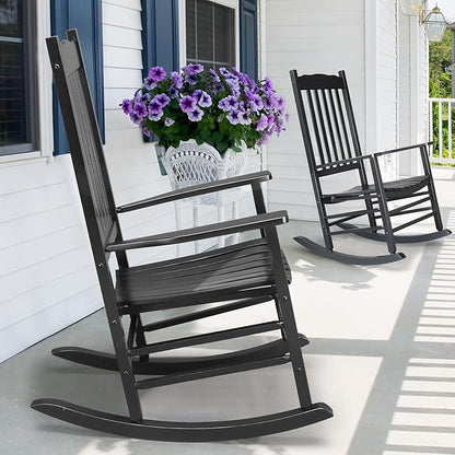 Outdoor Porch Rocker Chairs,Weather Resistant Wood Rocking Chair for Adults,Modern Rocking Accent Chairs,Indoor Outside Furniture Rocker,with Armrest,for Garden Lawn Backyard Poolside Deck (Black)