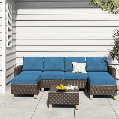 Grand patio Sofa Sets Outdoor Furniture Sets, Wicker Patio Furniture 7-Piece Sectional Sofa with Thick Cushions for Yard Garden Porch for Six (Peacock Blue Sofa Set for Six, 7 PCS)