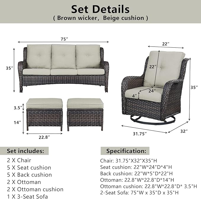 Belord 5 Piece Wicker Patio Furniture Set, Outdoor Swivel Rocker Chairs Set of 2 with Ottomans and 3 Seater Sofa - Photo 2