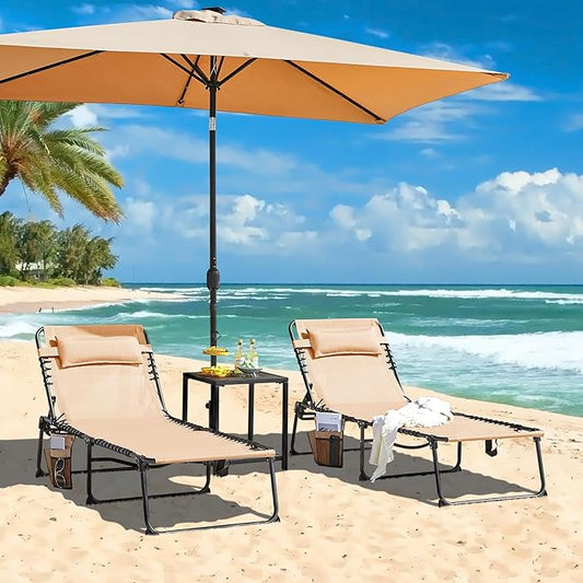 Yaheetech 26.4" Outdoor Folding Tanning Chair, Chaise Lounge Chairs with 5 Back Position Adjustable, Extended Portable Lounger for Beach, Patio, Beige