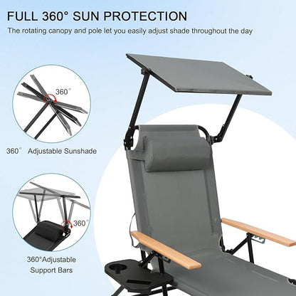 Tanning Chairs for Outside with Canopy, Folding Lounge Chairs, Tanning Chair with 4 Adjustable Backrest & Cup Holders & Pillow,Holds 330 Lb, Outdoor Garden Pool