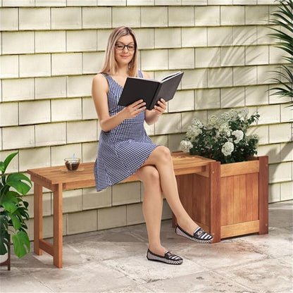 Outdoor Bench with Planter Box 54" Solid Wood Garden Bench and Flower Planter Combo 2-in-1 Seating and Planting Station for Front Porch Patio Deck Natural Finish