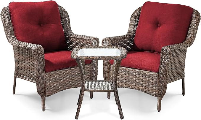 3 Piece Patio Brown Wicker Chairs with Side Table - Outdoor High Back Heavy Duty All-Weather Lawn Dining Rattan Chair - Photo 1