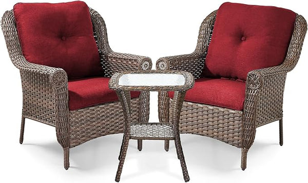 3 Piece Patio Brown Wicker Chairs with Side Table - Outdoor High Back Heavy Duty All-Weather Lawn Dining Rattan Chair - Photo 1
