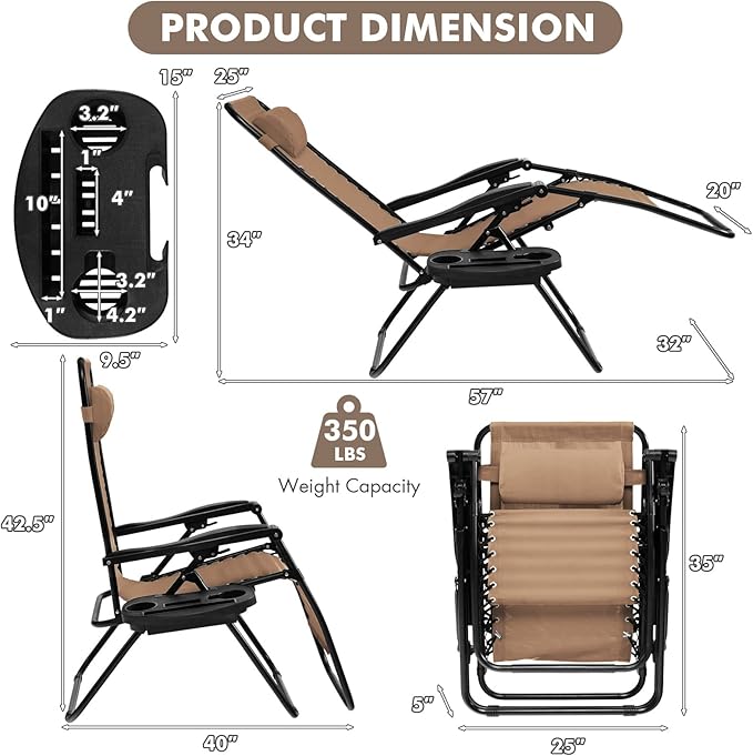 Giantex 2 PCS Zero Gravity Chair Patio Chaise Lounge Chairs Outdoor Yard Pool Recliner Folding Lounge Chair with Cup - Photo 3
